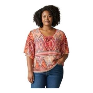 Orange Aztec Print Sheer Chiffon Top Plus Size 2X Flare Short Sleeve Peasant Top